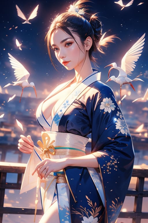  stunning samouraï girl, blue and white silk kimono, origami's, crane symbols, 