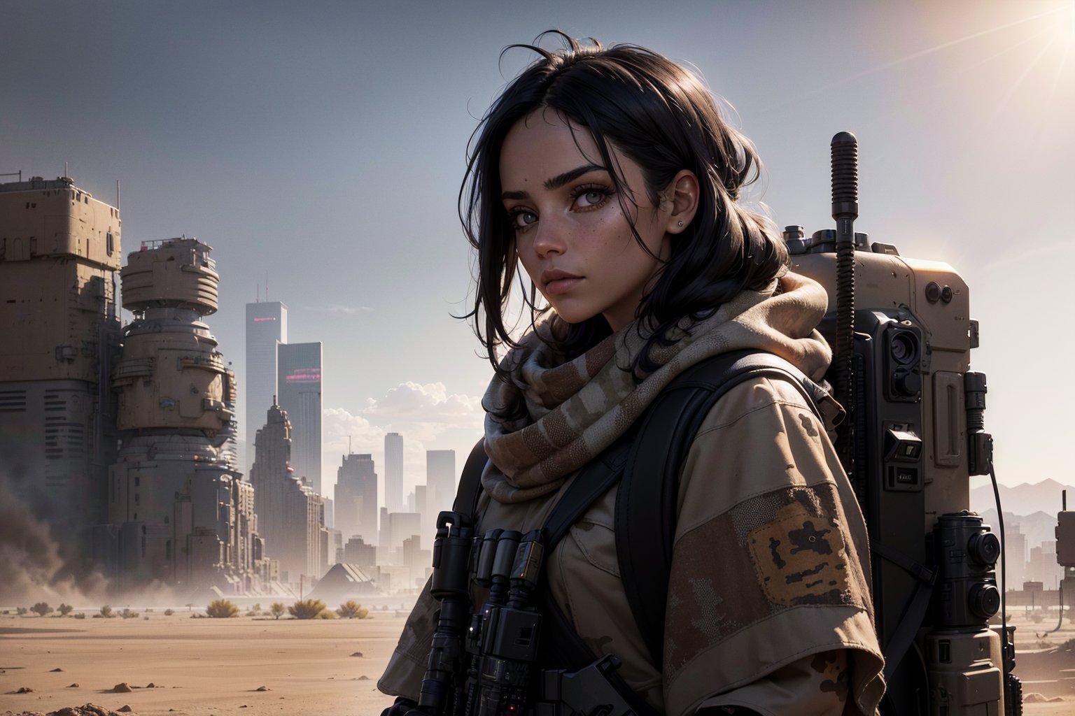 cowboy shot of 1 Spanish girl , left side of view, bandanna on mouth,(electronic   backpack) , big gloves , black hair ,desert camo army short, (desert camo poncho:1,5) , Perfect eyes , cyberpunk city, sunshine light , dust, desert ,cyberpunk, cinematic ray of light, cloudy_sky, giant antenna 