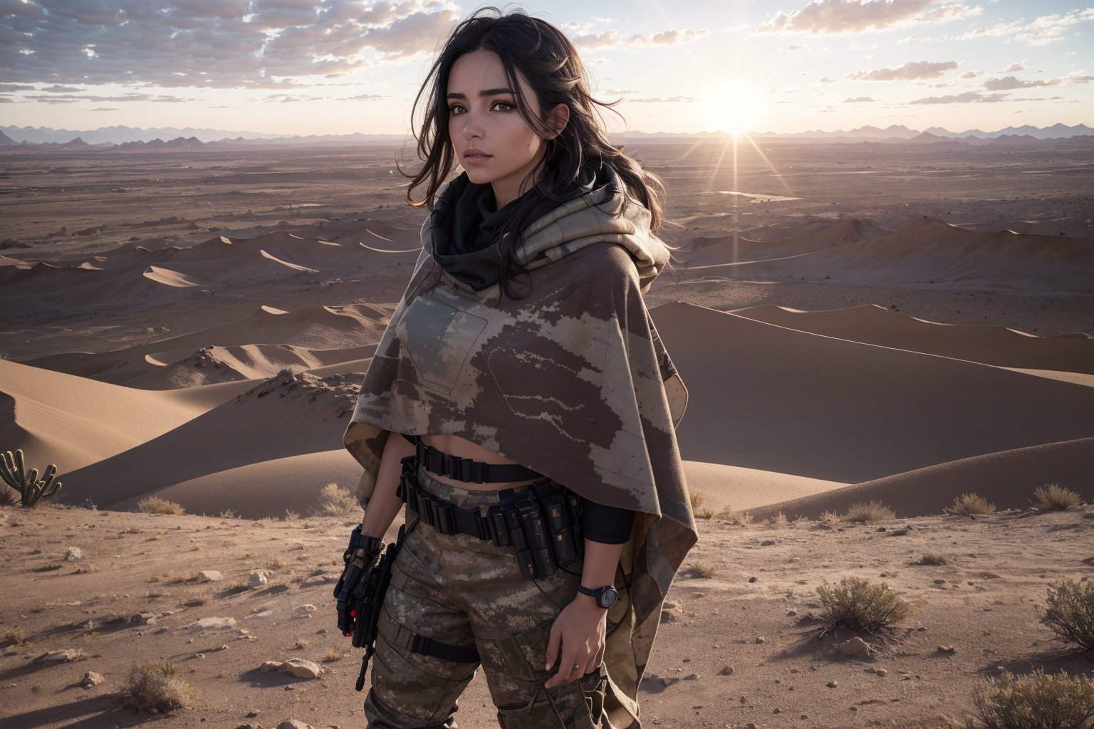 cowboy shot of 1 Spanish girl , left side of view, augmentation  ,  black hair ,desert camo army pants, (desert camo poncho:1,5) , Perfect eyes , cyberpunk city, sunshine light , desert ,cyberpunk, cinematic ray of light, cloudy_sky 