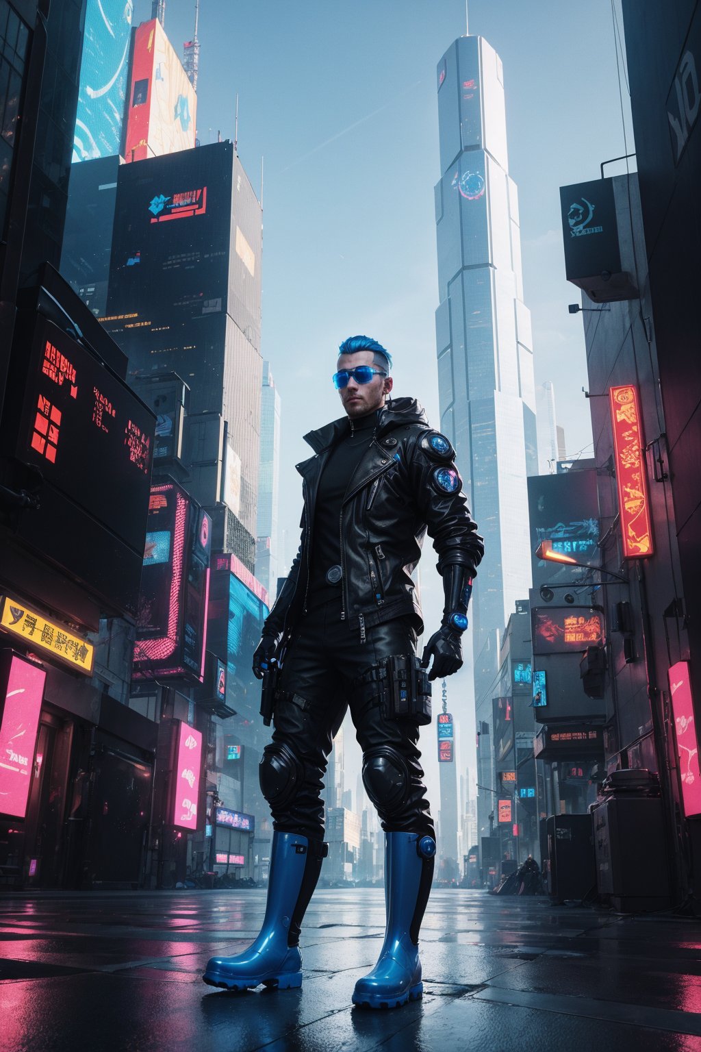 Man in transparent ball , rubber boots  , cyberpunk city ,thick gloves ,cyberpunk, cinematic light, blue sky, sun 