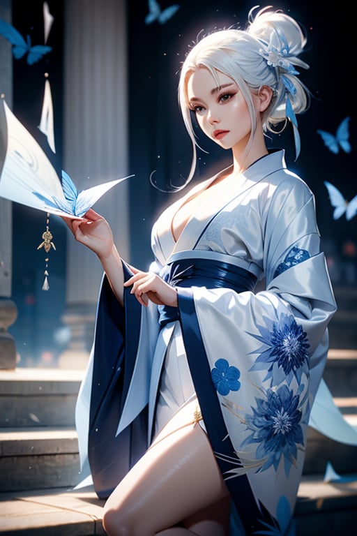  stunning samouraï girl, blue and white silk kimono, origami's, white hair 