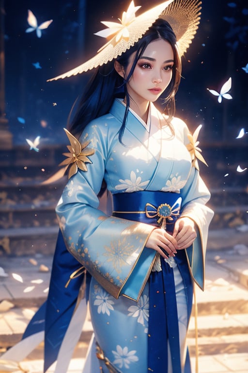  stunning samouraï girl, blue and white silk kimono, origami's 