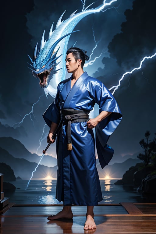 Huge samouraï, large body , full cover 
blue kimono, dojo background stunning lightning, down view, blue dragon in sky 