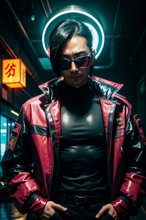  
40 years old asiatic male, corpo cyberpunk outfit, cyberpunk lounge background, stunning neon lights, black sun glasses 