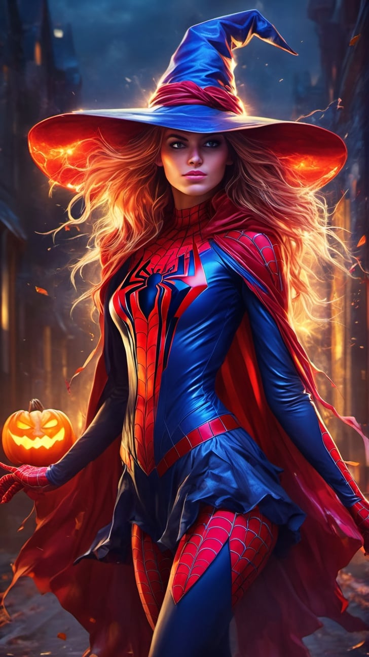 a Halloween scary witch wears spiderman coustume, Envision a perfect Halloween theme background that enhances the scene. Request a super enchanting creepy image that captures the magic of Halloween character,

dynamic background, 8k resolution, looking away, masterpiece, best quality, Photorealistic, ultra-high resolution, photographic light, full body, whimsical, league of legends, illustration by MSchiffer, fairytale, sunbeams, best quality, best resolution, cinematic lighting, Hyper detailed, Hyper realistic, masterpiece, atmospheric, high resolution, vibrant, dynamic studio lighting, wlop, Glenn Brown, Carne Griffiths, Alex Ross, artgerm and james jean, spotlight, fantasy, surreal