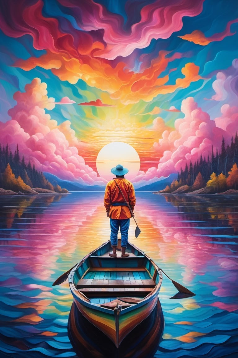 vibrant neo-traditional, a painting of a man standing in a boat on a lake, (psychedelic art), highly detailed 4k painting, campy and colorful, fisherman, under a technicolor sky