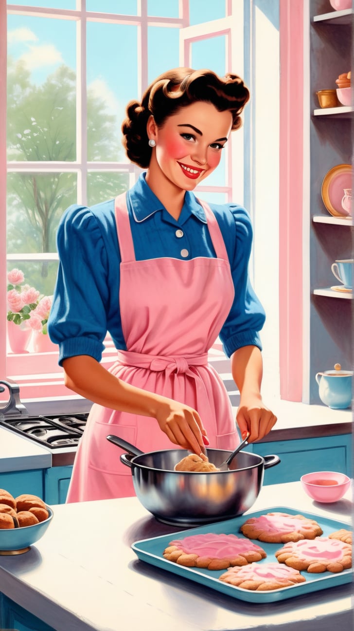 ultra detailed illustration in soft pastel colors, a beautiful and elegant housewife baking cookies, soft, cute smile, shabby chic livingroom environment, best quality, centered image, inspired by the 1950s ((flat colors)) ((low saturation)) pink, white, blue, vintage, by Rufino Tamayo’s