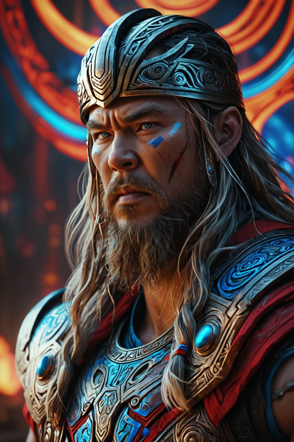 Thor is portrayed by a mongolian. Full body,

(best quality, 4K, 8K, high-resolution, masterpiece), ultra-detailed, realistic, photorealistic, intricate design, vibrant colors, detailed facial expression, otherworldly appearance, glowing elements, complex patterns, high contrast, dynamic lighting, cinematic composition, high detail, high resolution.