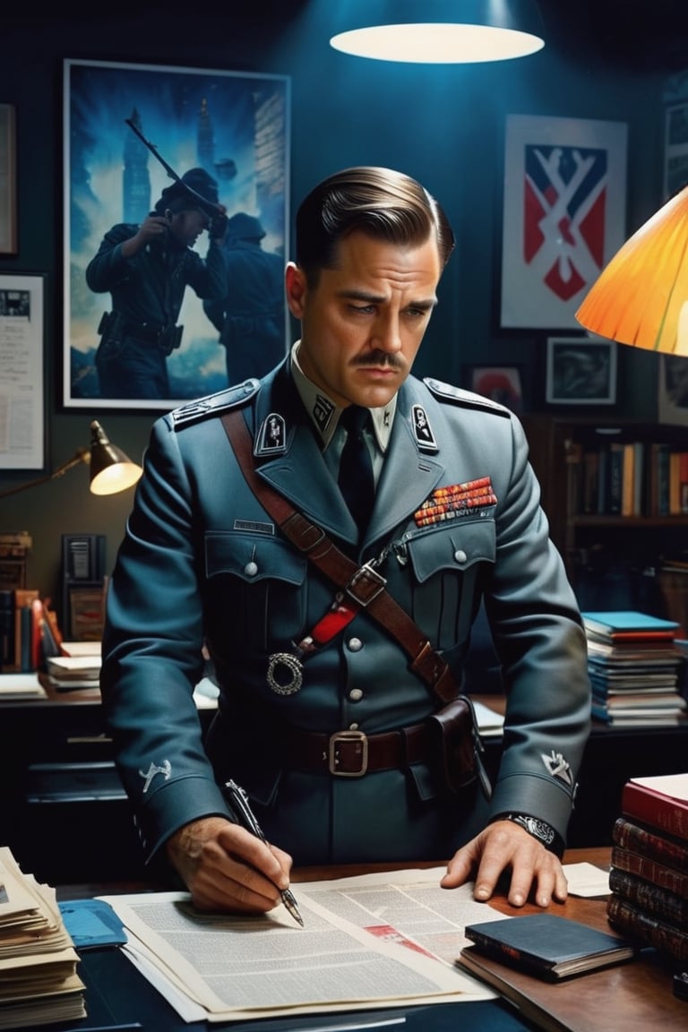 Full body Portrait of col. Hans landa (((Inglourious Basterds))), in the office, night, illuminated, spotlite, 8k resolution photorealistic masterpiece: by Aaron Horkey and Jeremy Mann: intricately detailed fluid gouache painting: by Jean Baptiste Mongue: calligraphy: acrylic: colorful watercolor art, cinematic lighting, maximalist photoillustration: by marton bobzert: 8k resolution concept art intricately detailed, octane render