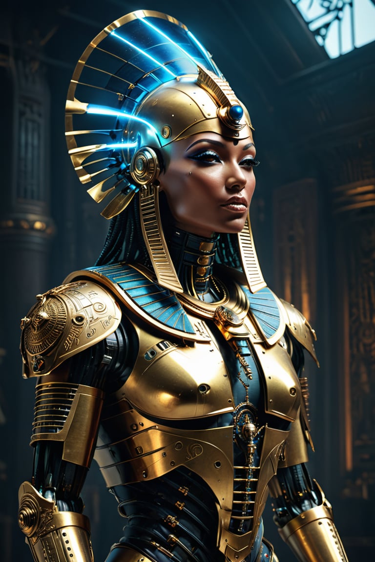 Create a biopunk depiction of ancient Egypt as a vicious futuristic robot. Imagine a robotic pharaoh with cybernetic limbs and glowing hieroglyphics etched into its metallic body. The robot should have a mechanical headdress resembling the iconic nemes and integrated elements of Egyptian architecture, like the pyramids and sphinx, masterpiece by Aaron Horkey and Jeremy Mann, masterpiece, Photorealistic, illustration by MSchiffer, octane render, unreal engine v5, high resolution, wlop, Glenn Brown, Carne Griffiths, Alex Ross, artgerm and james jean