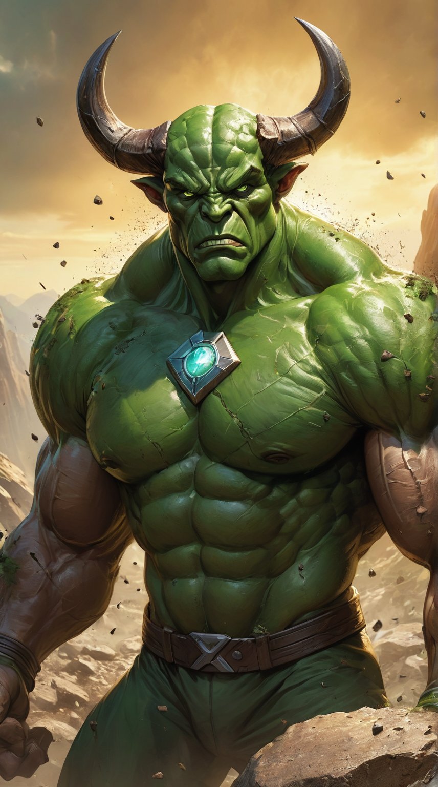 Envision Taurus as an X-Men mutant with the power of super strength and earth manipulation. This close-up portrait reveals a sturdy, bull-headed mutant with a solid, imposing presence. His skin has a rocky texture, and he grips a massive boulder effortlessly. His eyes glow with an earthy green hue, symbolizing his connection to nature. The background shows a landscape split by his sheer strength, with dust and debris suspended in the air. Particles of dirt and small rocks hover around him, emphasizing his control over the earth and his formidable might.