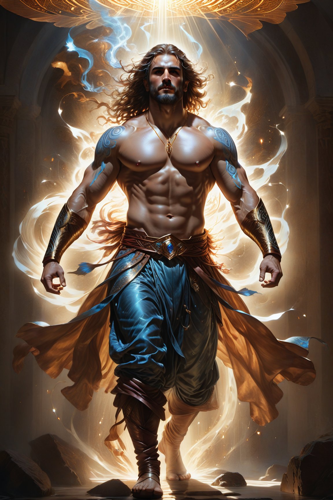 wide shot, full body, photorealistic of male djinn vizier, masterpiece, best quality, Photorealistic, ultra-high resolution, photographic light, illustration by MSchiffer, fairytale, sunbeams, best quality, best resolution, cinematic lighting, Hyper detailed, Hyper realistic, masterpiece, atmospheric, high resolution, vibrant, dynamic studio lighting, wlop, Glenn Brown, Carne Griffiths, Alex Ross, artgerm and james jean, spotlight, fantasy, surreal