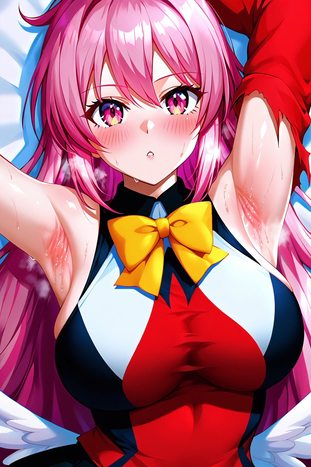 (masterpiece:1.2),(absurdres,extremely detailed and delicate,intricate details,ultra-detailed:1.2),high_resolution, very_high_resolution,thicc, 1girl,white pale skin,less face, Wendy Marvell, 1girl, solo, long hair, pink eyes, pink hair, spiked hair, torn clothes, white wings, thighhighs, tattoo, red jacket, black skirt, sleeveless, yellow bowtie,thicc,glitter,shiny,spread armpit,arm up, presenting armpit, fingers on own armpit
arm up, presenting armpit, hand on own armpit,close up,upper_body,solo, upper body, sweaty armpits, steam, blushing,under_boob,presenting armpits,isekai hotel