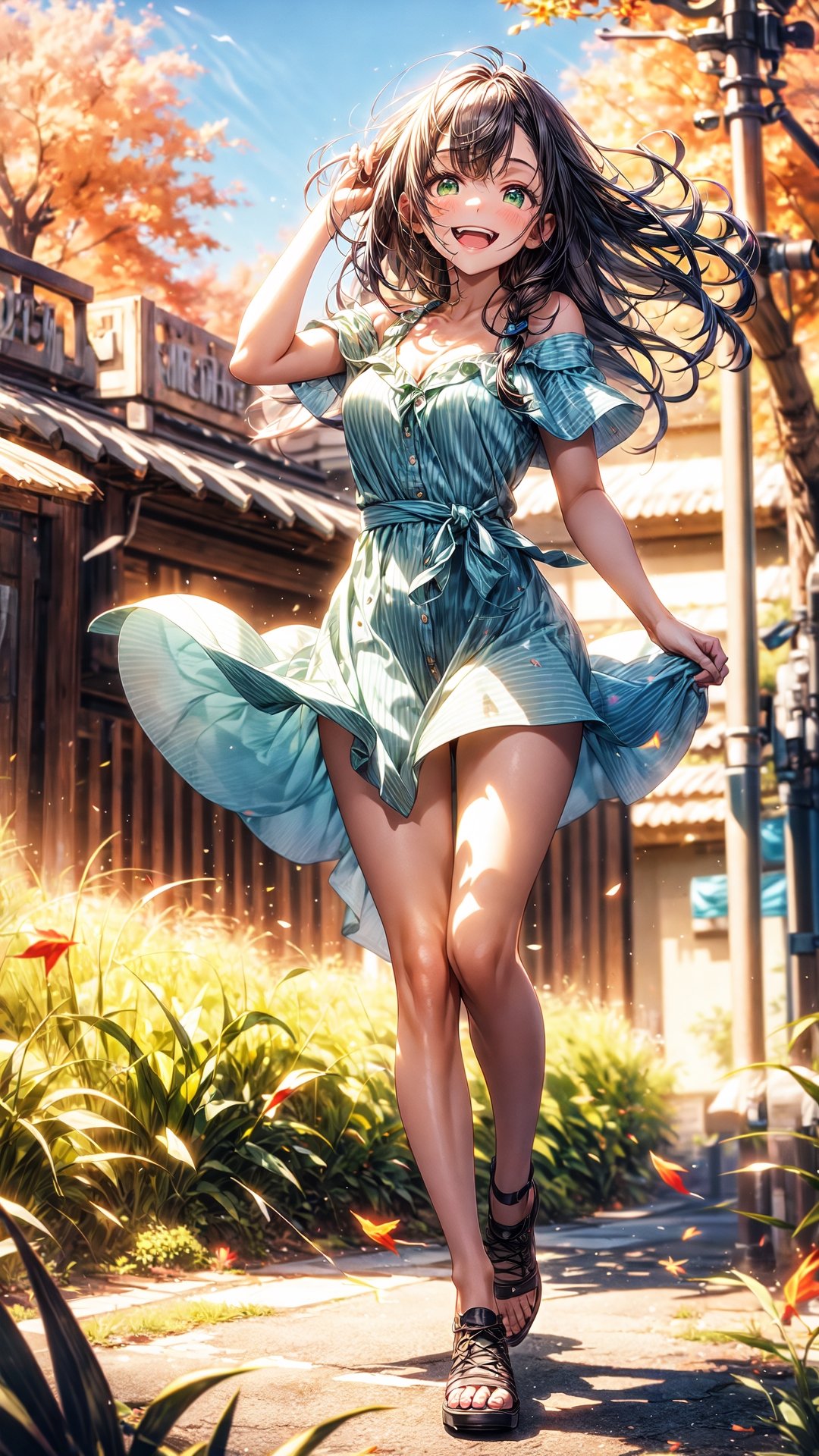 An 18yo woman, a green dress, ultra quality, sharp focus, 8K UHD, highly detailed glossy eyes, ultra quality, green eyes, 1girl, masterpiece, best quality, hair blowing, looking at the viewer, blue sky, meadow, tree, gradient hair, hand on own hair full body:1.5, light smile, natural breasts, natural booty, Unreal Engine 5, professional photography, Autumn,shizukazom100