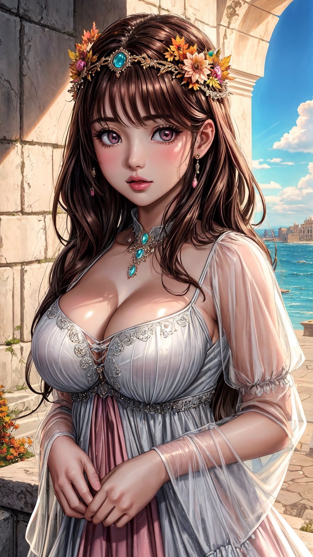 (masterpiece, best quality), ultra-detailed, glow, (depth of field), perfect face, detailed face, 8k, UHD, highly detailed, best quality, beautiful body, natural breasts, 1girl, intricate details, brown hair, ocean gray eyes, pink lips, beautiful clear eyes, symmetrical eyes, A beautiful 18yo girl, wearing an Ancient Rome princess dress, In fantasy Rome city, beautiful nature, Beautiful sun ray light on sky and cloudy, Autumn,