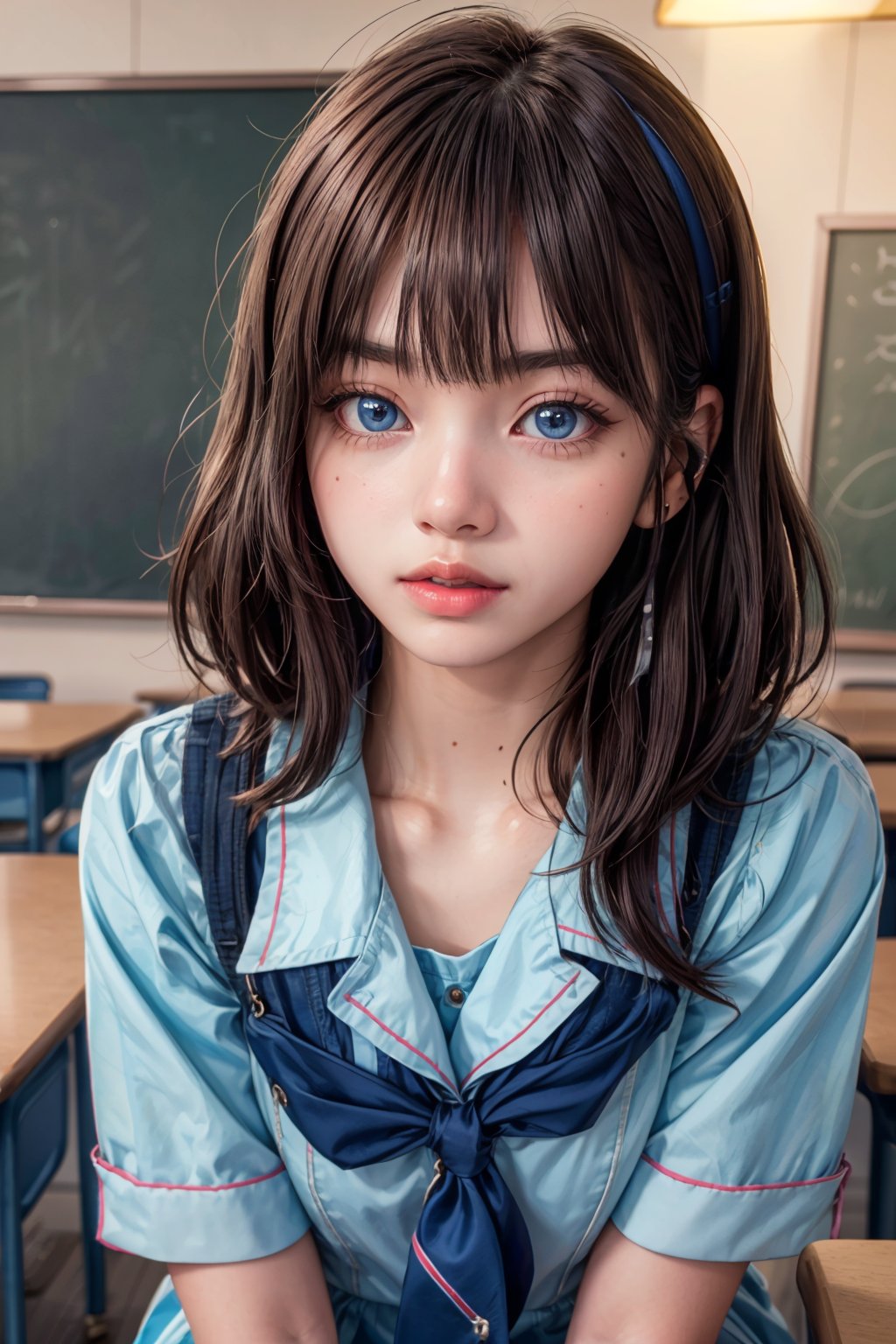 A 18 year old girl extremely beautiful and gorgeous putting on her blue school uniform sitting in class and listening to her teacher 

(masterpiece, best quality:1.4), ultra-detailed, dimly lit, glow, lights, (depth of field), a Girl, perfect face, detailed face, pink lips, glossy lips, makeup, expressive eyes, blue eyes, black hair, (at Japan), (Classroom),nokia_sutasinee,lisa