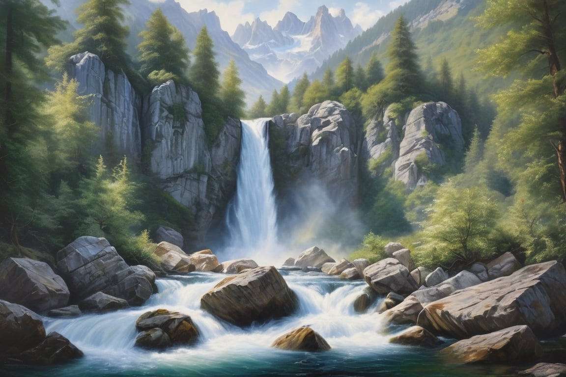 oil painting of Landscape painting of Imagine a detailed and photorealistic image of a cascading waterfall nestled in the heart of the Alps. The image should capture the dynamic movement of water droplets, the mist hanging in the air, and the rugged beauty of the surrounding rocks and vegetation. The waterfall should appear powerful yet serene, a testament to the unyielding force of nature