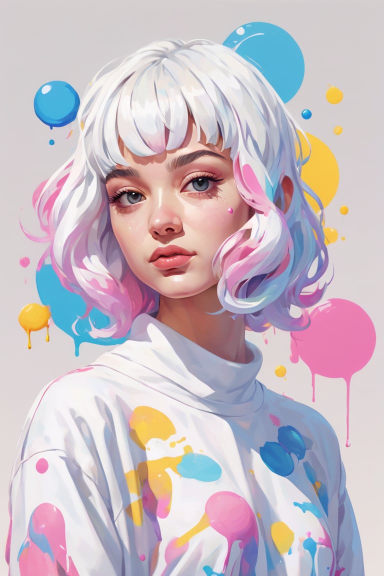 dripping paint,abstract,gouche,white,totally white,pastel colors,(bubble drip)1girl with techwear clothes,sexy,circular shapes on background,melt,vaporwave style,