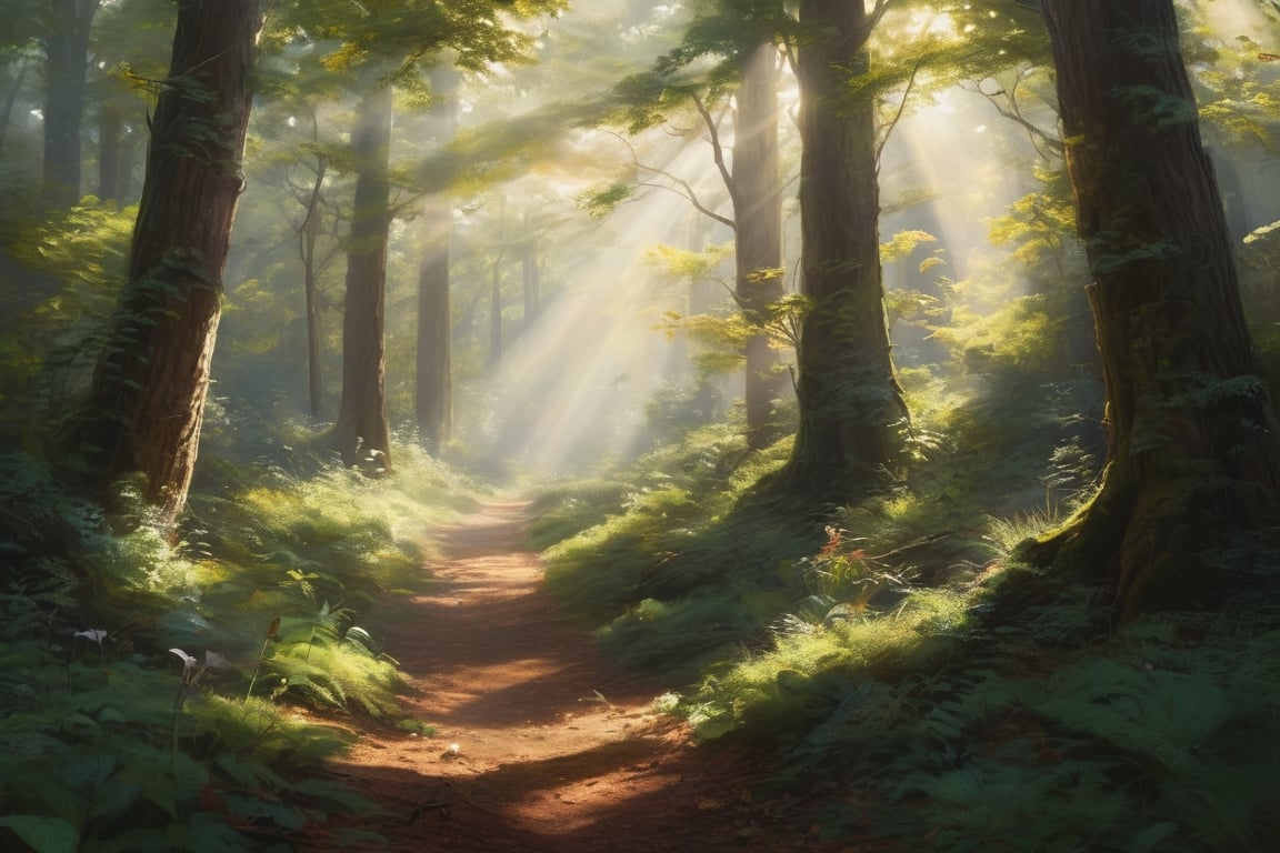 oil painting of Landscape painting, Visualize an ultra-photorealistic image of a dense forest bathed in the soft glow of sunlight filtering through the canopy. The image should capture the play of light and shadow on the foliage and forest floor, with rabbits and squirrels frolicking amidst the undergrowth. The forest should be teeming with life, the air filled with the sounds of rustling leaves and chirping birds. Use a high-resolution 32k camera with a 16:9 aspect ratio, a raw style, and a quality setting