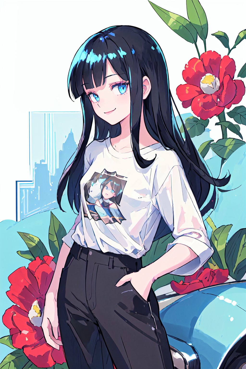 (best quality:1.2), (hyper detailed)
blue eyes, black hair, long hair,(parted bangs:1.2),(slicked back:0.8), smile,

(the shirt with "hello" written:1.2) ,alice_margatroid,fringe, (earlyteen:1.2),overhead shot angle,standing,(masterpiece), (best quality), (shiny skin:1.2), curious face, straight hair, pants, t-shirt,