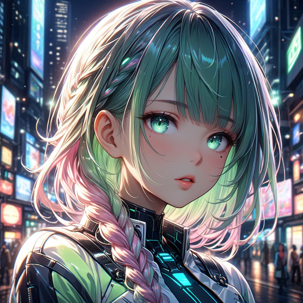  (masterpiece, best quality:1.4), ultra-detailed, dimly lit, glow, lights, (depth of field), perfect face, detailed face, 1girl, solo, long hair, bangs, green eyes, pink hair, braid, multicolored hair, parted lips, Japanese clothes, green hair, mole, Cute Loose Bob hair, two-tone hair, lips, eyelashes, gradient hair, looking away, portrait, Cyber uniform, closed up, looking_at_viewer, in the cyber city