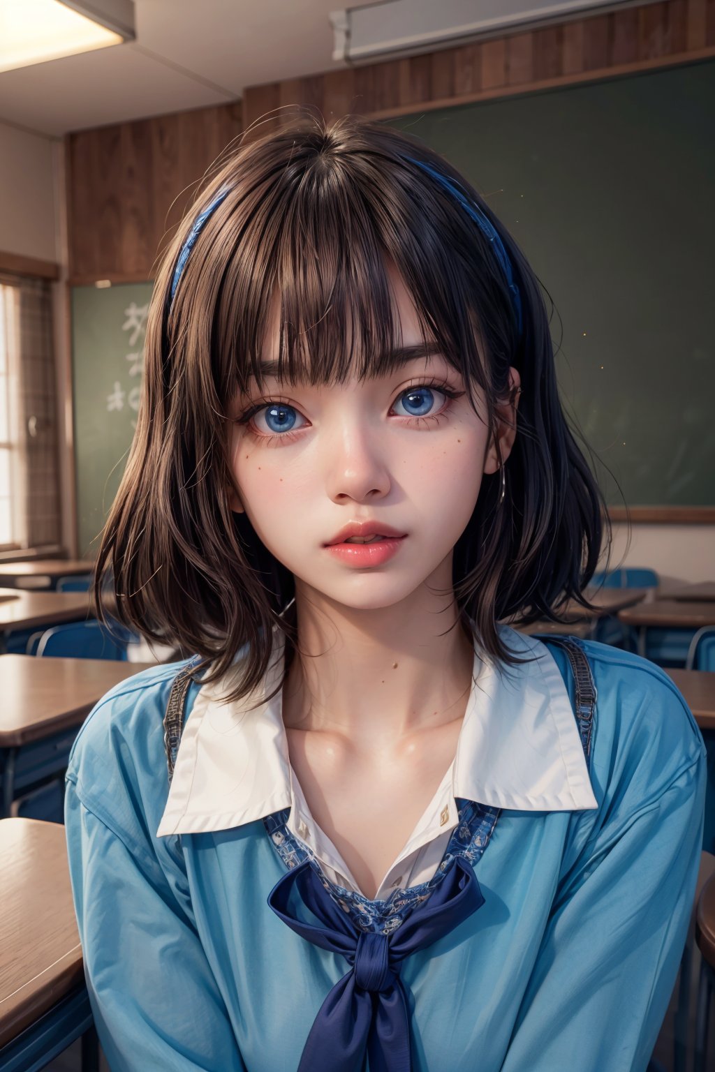 A 18 year old girl extremely beautiful and gorgeous putting on her blue school uniform sitting in class and listening to her teacher 

(masterpiece, best quality:1.4), ultra-detailed, dimly lit, glow, lights, (depth of field), a Girl, perfect face, detailed face, pink lips, glossy lips, makeup, expressive eyes, blue eyes, black hair, (at Japan), (Classroom), lisa