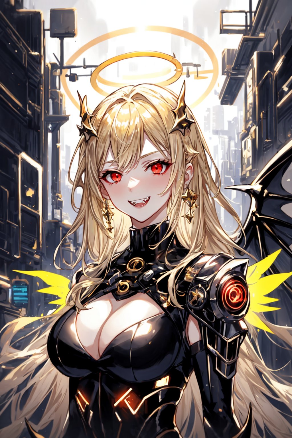 Masterpiece, bestquality, highres, high quality, [golden gate background : crismon gate background : 20], half body shoot, upper body, 2d illustration portrait of a ([angelical girl | cyberpunk girl]:1.3), 1 girl, yuzu, (devilish smile, fangs:1.3), blushing, dynamic pose, wearing [golden angelic armor : (cybernetic cyberpunk black armor) : 0.5], [demonic cyberpunk horns : (cyberpunk neon halo:1.3) : 20], [big mechanical golden angel wings | (big mechanical cyberpunk wings wings:1.2) : 5], eyes focus, squeezed eyes, [golden eyes : (red eyes, glowing eyes) : 33], glossy lips, detailed face, vibrant scene