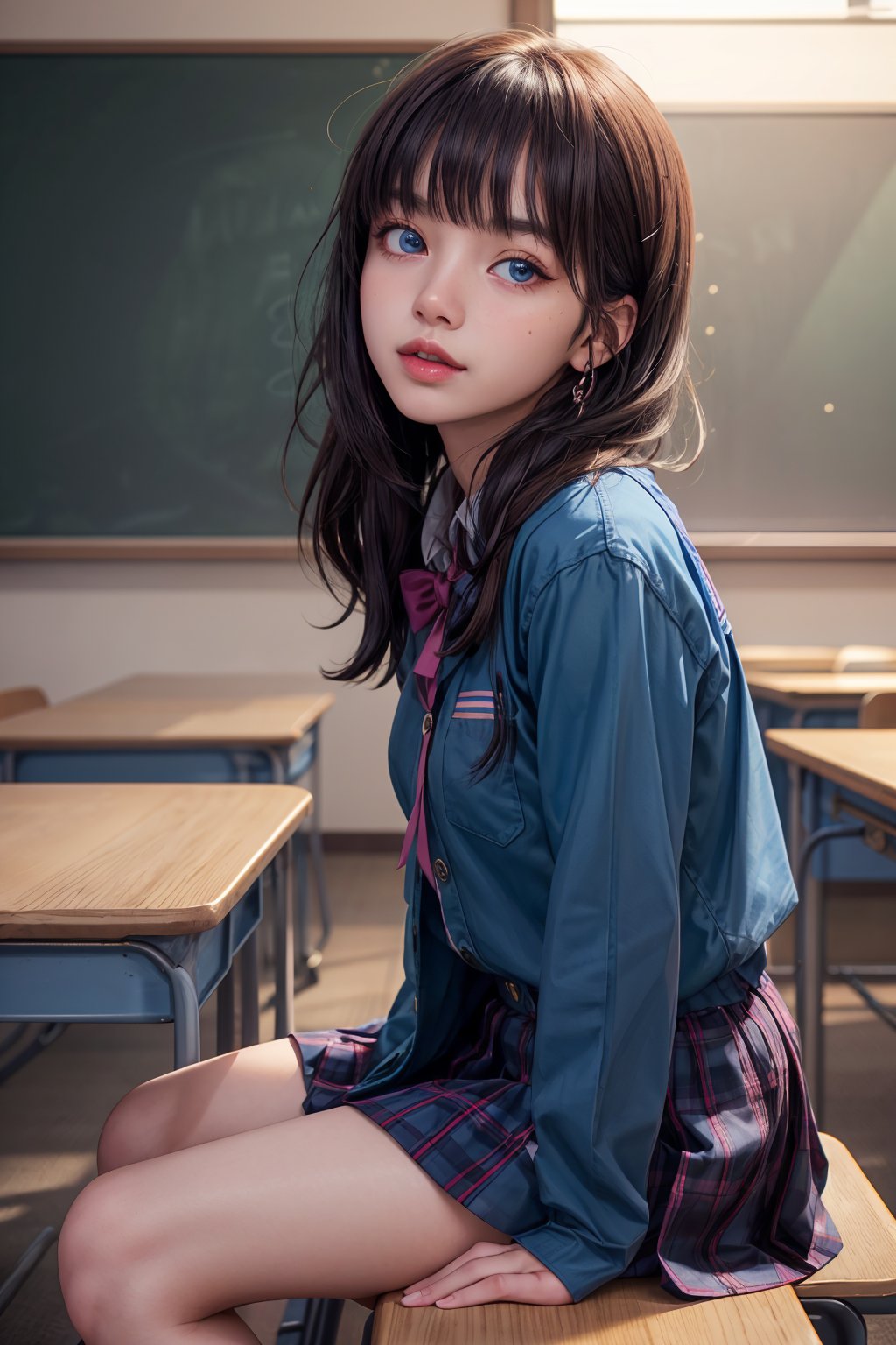 A 18 year old girl extremely beautiful and gorgeous putting on her blue school uniform sitting in class and listening to her teacher 

(masterpiece, best quality:1.4), ultra-detailed, dimly lit, glow, lights, (depth of field), a Girl, perfect face, detailed face, pink lips, glossy lips, makeup, expressive eyes, blue eyes, black hair, (at Japan), (Classroom), lisa,lisa