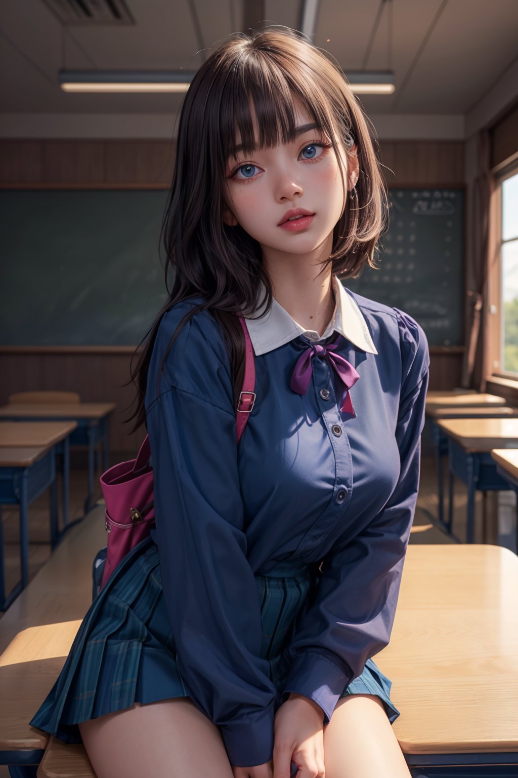 A 18 year old girl extremely beautiful and gorgeous putting on her blue school uniform sitting in class and listening to her teacher 

(masterpiece, best quality:1.4), ultra-detailed, dimly lit, glow, lights, (depth of field), a Girl, perfect face, detailed face, pink lips, glossy lips, makeup, expressive eyes, blue eyes, black hair, (at Japan), (Classroom),nokia_sutasinee,lisa