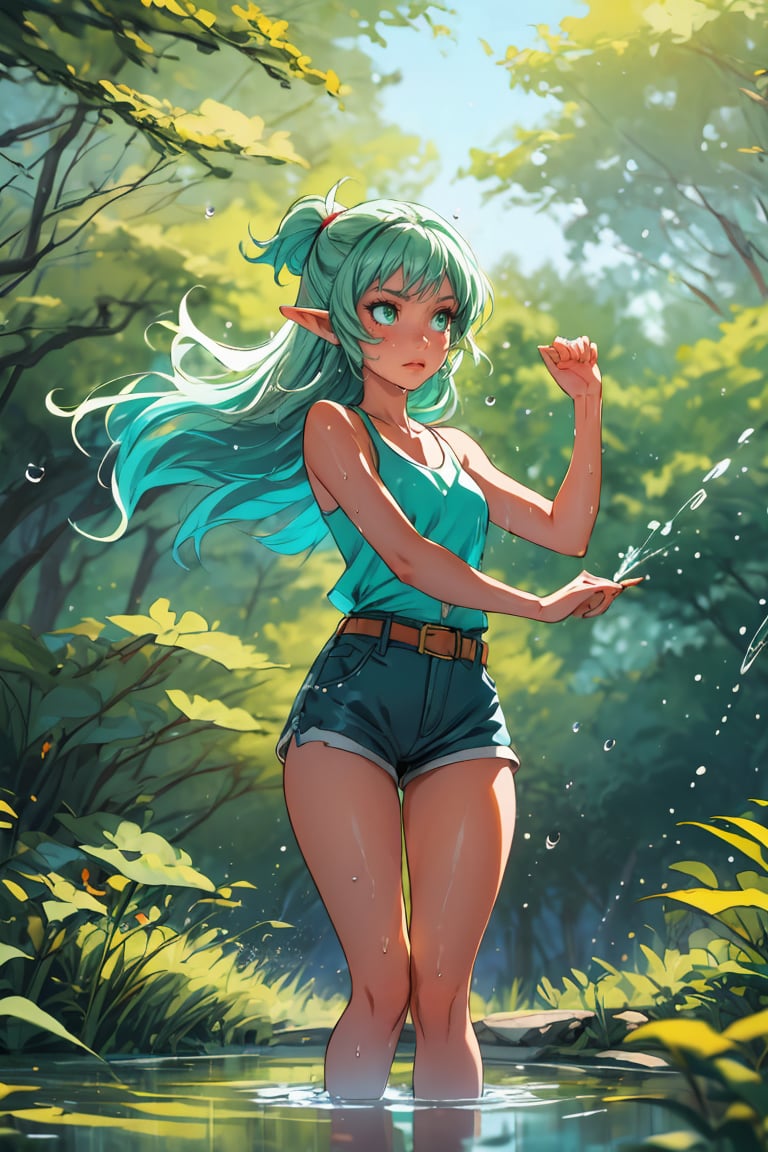 (best quality, masterpiece), 1girl, elf, small wind, pond, deep forest, looking away, blurry background, dynamic angle, flying dust, particles, sparkles, many belts, green eyes, long golden hair, dinamic pose, action pose, butterflies, shorts, beautiful figure, thin waist, short cyan tank top, belt in leg, water drops, water spray, wet through, sarashi