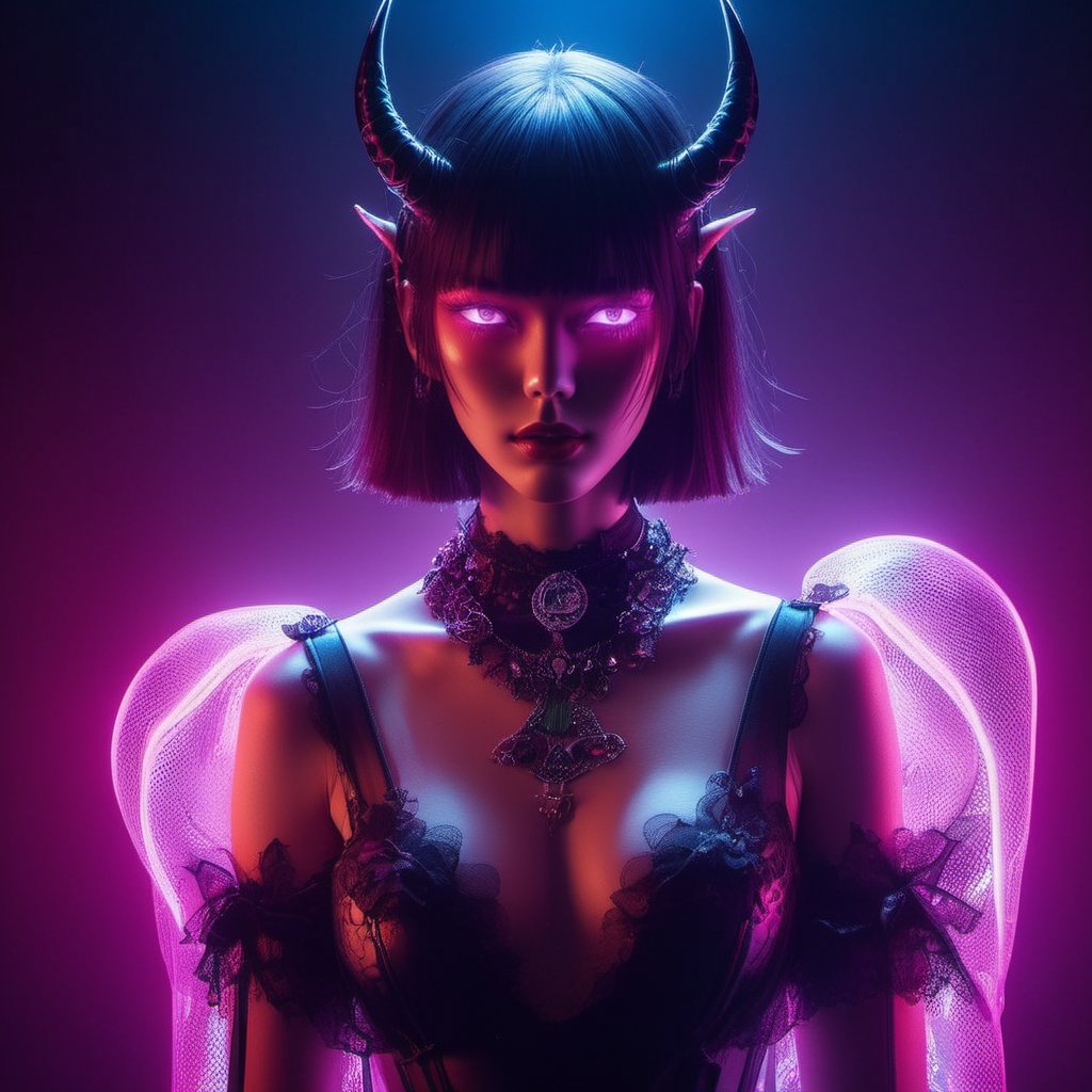 pale demon girl, (prismatic coloring, holographic vibe, chromatic:1.2) black lace transparent blouse, under transparent clothes you can see firm breasts, massive dog collar, elegant shoes and wide fishnet stockings, full body, full body in frame, full length, gothic nightclub background, neon pink lights, dark, gloomy, very dark, dim neon light, in the background there are small leather sofas illuminated from below with neon, breasts visible, (long straight horns:1.2), looks at you as a victim of his sexual pleasures, dark anime,donmcr33pyn1ghtm4r3xl