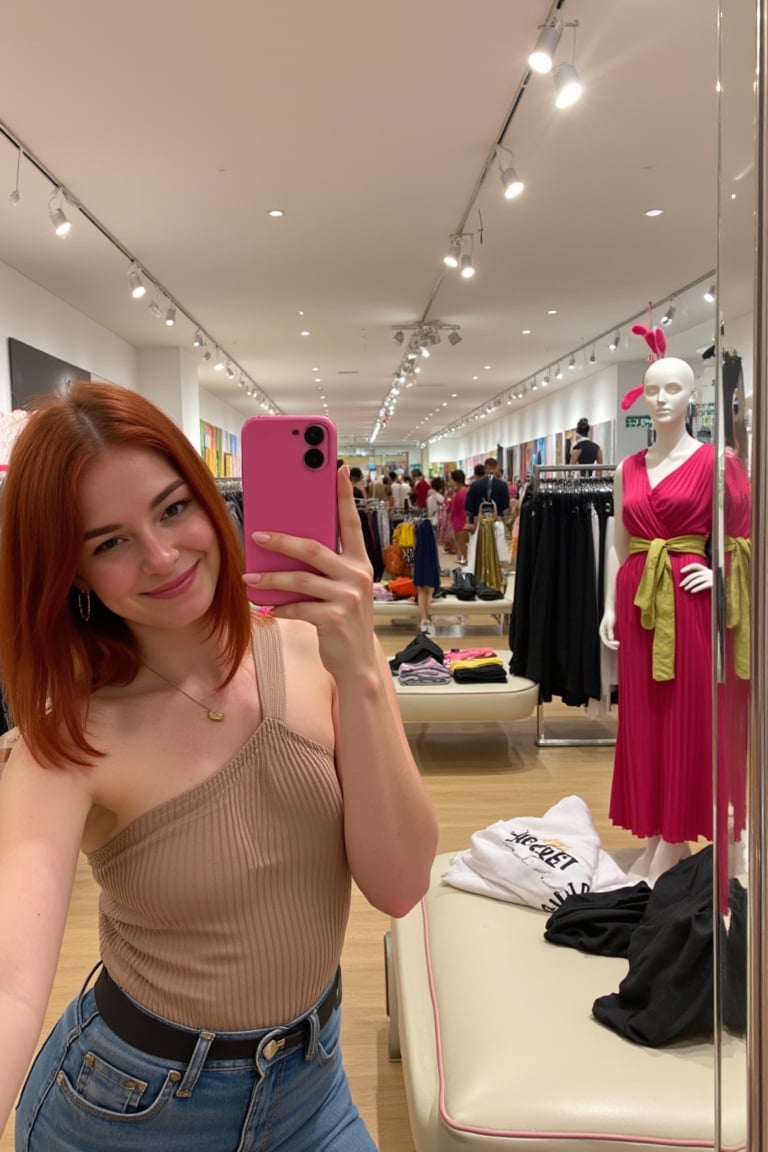 A casual mobile phone photo of a red head woman standing in front of a large mirror in a stylish clothing store, taking a selfie. She’s wearing a trendy outfit she just tried on, with her phone held up in one hand while she strikes a relaxed pose. Her red hair catches the store’s soft lighting, creating a warm glow around her. The mirror reflects the bustling store behind her, filled with racks of colorful clothes, stylish mannequins, and other shoppers browsing the aisles. The fitting room area can be seen in the background, with a few more mirrors and bright, fashionable decor. Shopping bags and a few items of clothing rest on a nearby bench, adding to the lively atmosphere of the store. The photo captures the fun, fashionable moment with natural lighting, giving it an unfiltered, spontaneous feel as she checks out her look in the mirror.