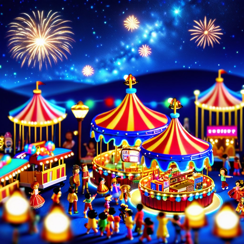 vibrant miniature carnival, with tiny Ferris wheels, colorful tents, and bustling crowds. Bright, joyful colors with festive lighting. Background with distant fireworks and a starry night sky. Details include tiny performers, intricate ride designs, and detailed food stalls.