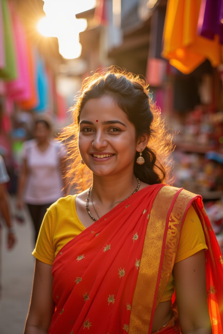 A cinematic portrait of a woman in a traditional sari, standing in a vibrant Indian marketplace, bright fabrics and colors surrounding her, golden afternoon light shining on her face, joyful smile, soft-focus background. Detailed and rich textures, hd quality