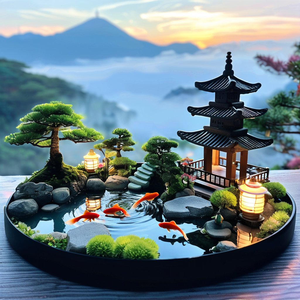 A serene miniature Japanese garden, with tiny bonsai trees, a koi pond, and a small pagoda. Calming, natural tones with dappled sunlight. Background with distant mountains and soft fog. Details include tiny koi fish, intricate stone paths, and delicate lanterns.