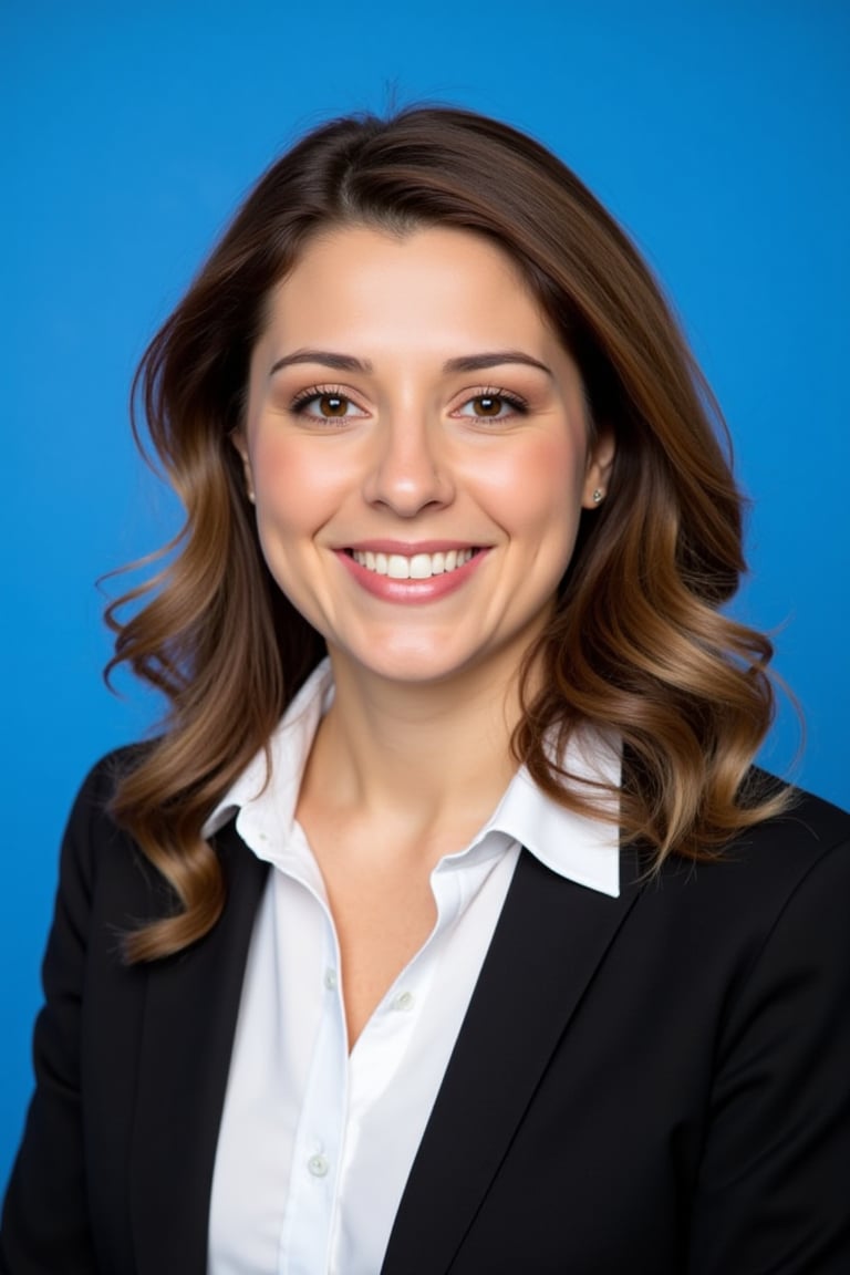  The image is a headshot of a woman in her mid-thirties. She has a pretty face and long wavy hair that adds to her confident demeanor. Her smile radiates warmth, and she's dressed smartly in a white shirt paired with black suits. The background is a pure blue, putting the focus entirely on her. 