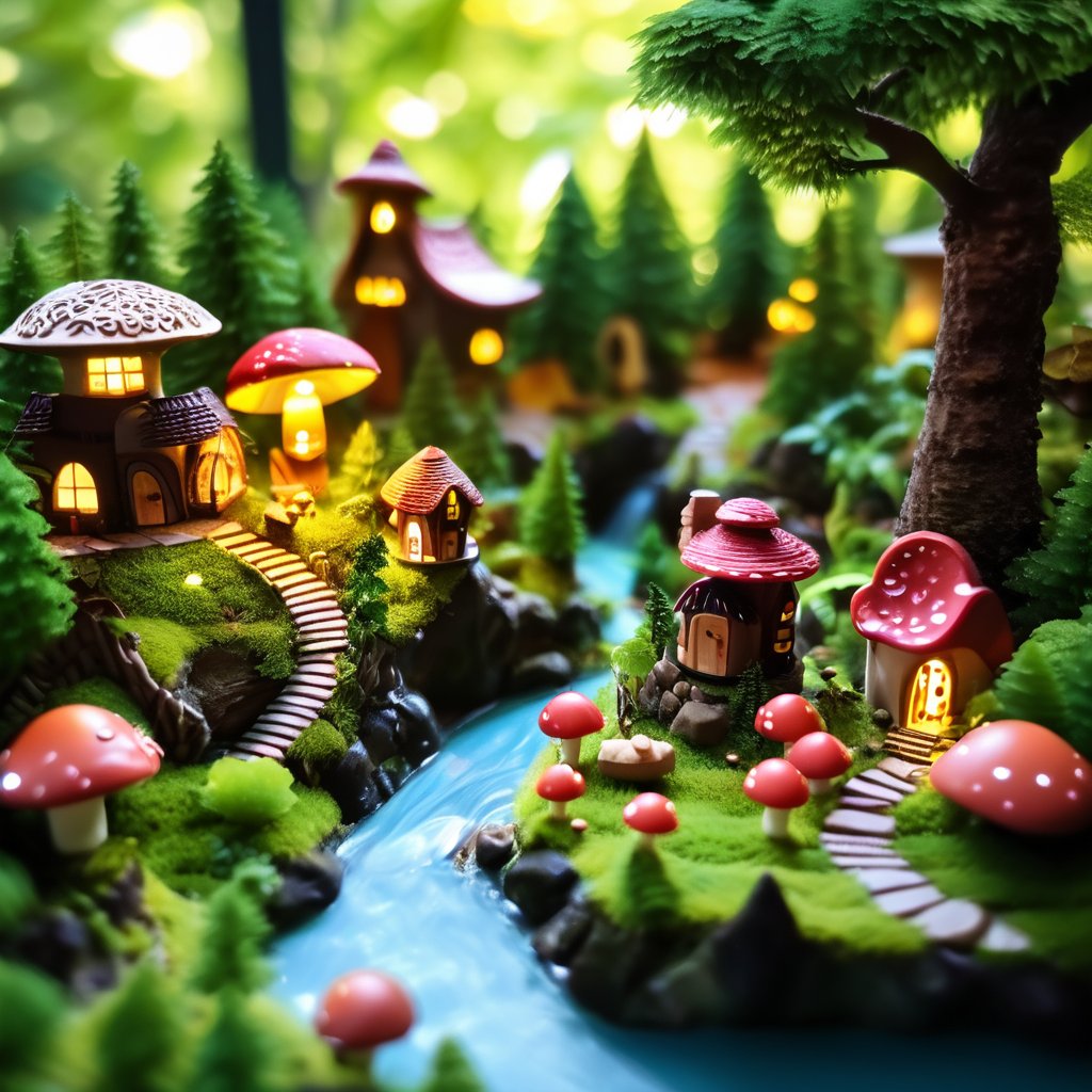 A miniature forest world, with tiny trees, a small river, and a hidden village made of mushroom houses. Lush, vibrant greens dominate the scene. Soft lighting filtering through the trees. Background with blurred depth, creating a sense of scale. Details include tiny animals, hand-carved textures, and natural materials.