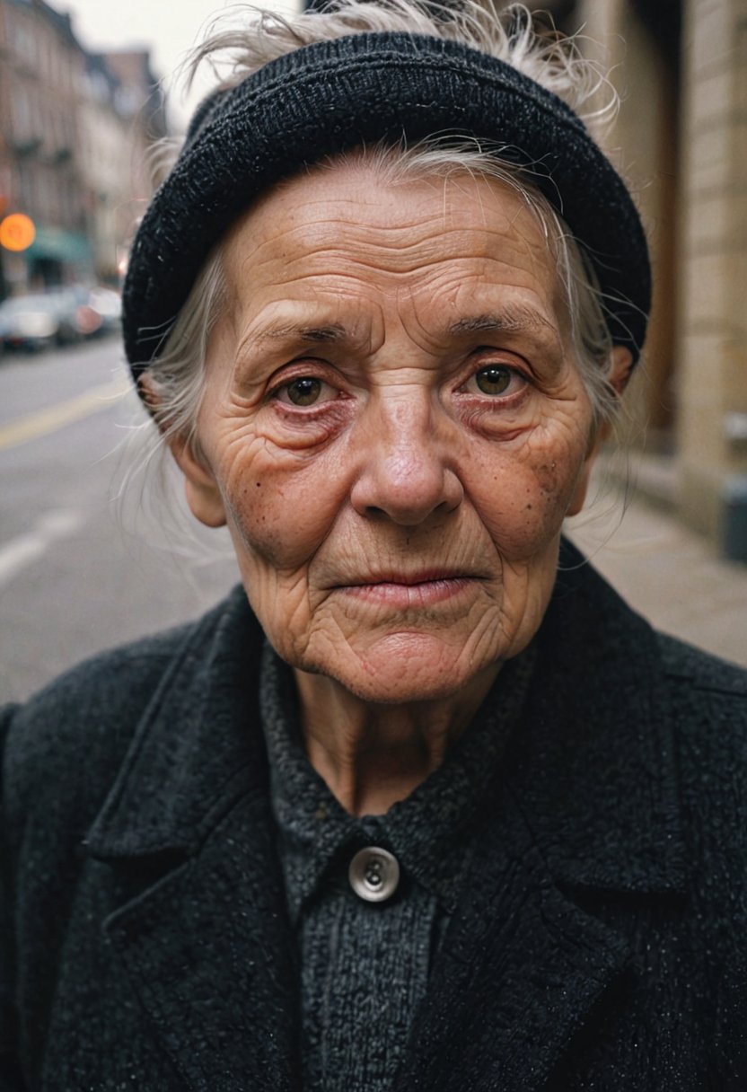 photography, city street, closeup portrait photo of old woman in dark clothes, sunny, daylight, fog, Fujifilm XT3, Canon R5, Fujicolor Fujichrome Velvia 100