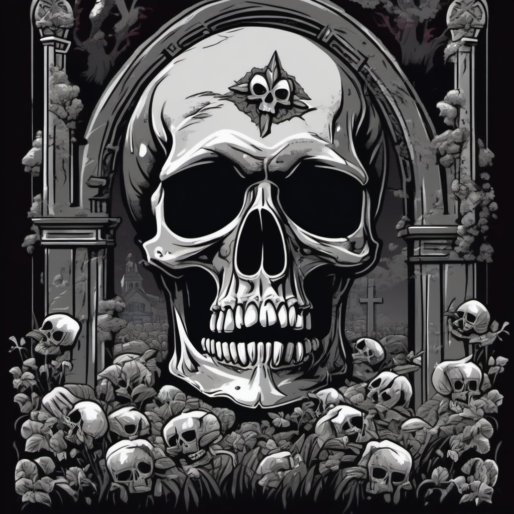 skull, cemetery, spooky theme, t shirt design, streetwar design, professional vector, full design, solid colors, no shadows, full design, white and black colors, sticker, black background, t shirt design,