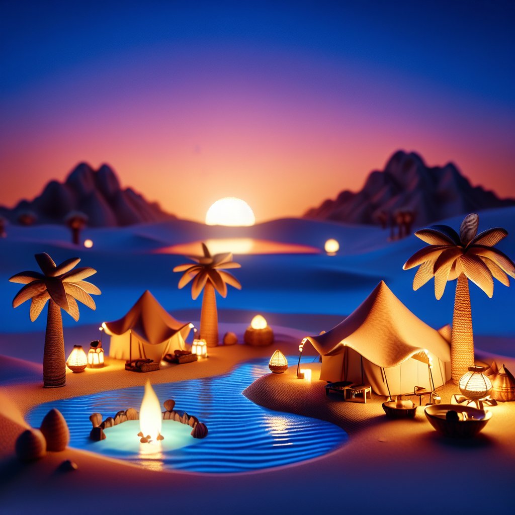 mystical miniature desert oasis, with tiny palm trees, a small pond, and tents around a campfire. Warm, sandy tones with glowing light from the fire. Background with towering dunes and a twilight sky. Details include tiny camels, intricate patterns on the tents, and delicate water reflections.