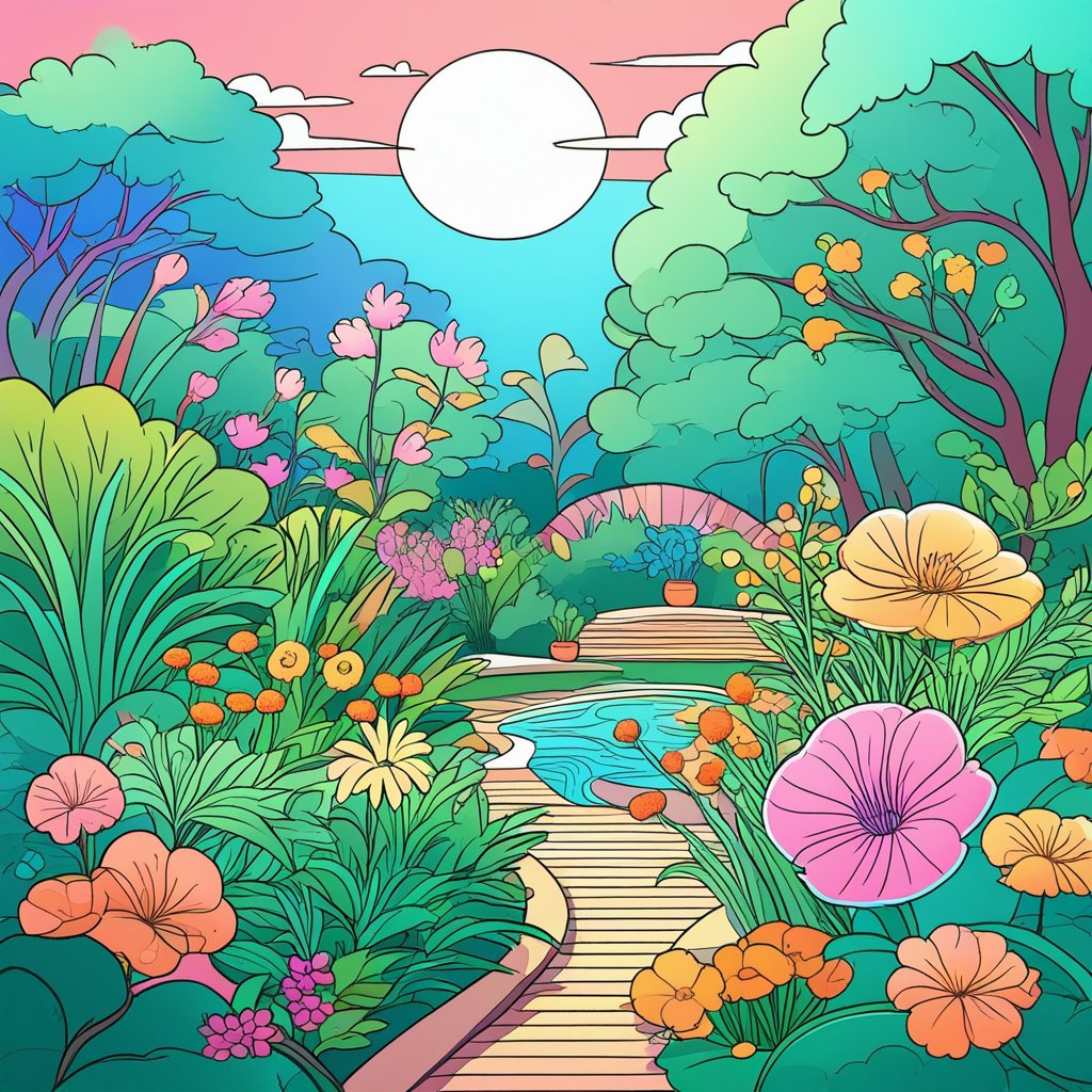 An intricate SVG illustration of a botanical garden, detailed flowers, and plants, line art with varying thickness. Background with subtle shading. Soft pastel colors, natural gradients, smooth curves, digital pen tools, vector precision, organic flow.