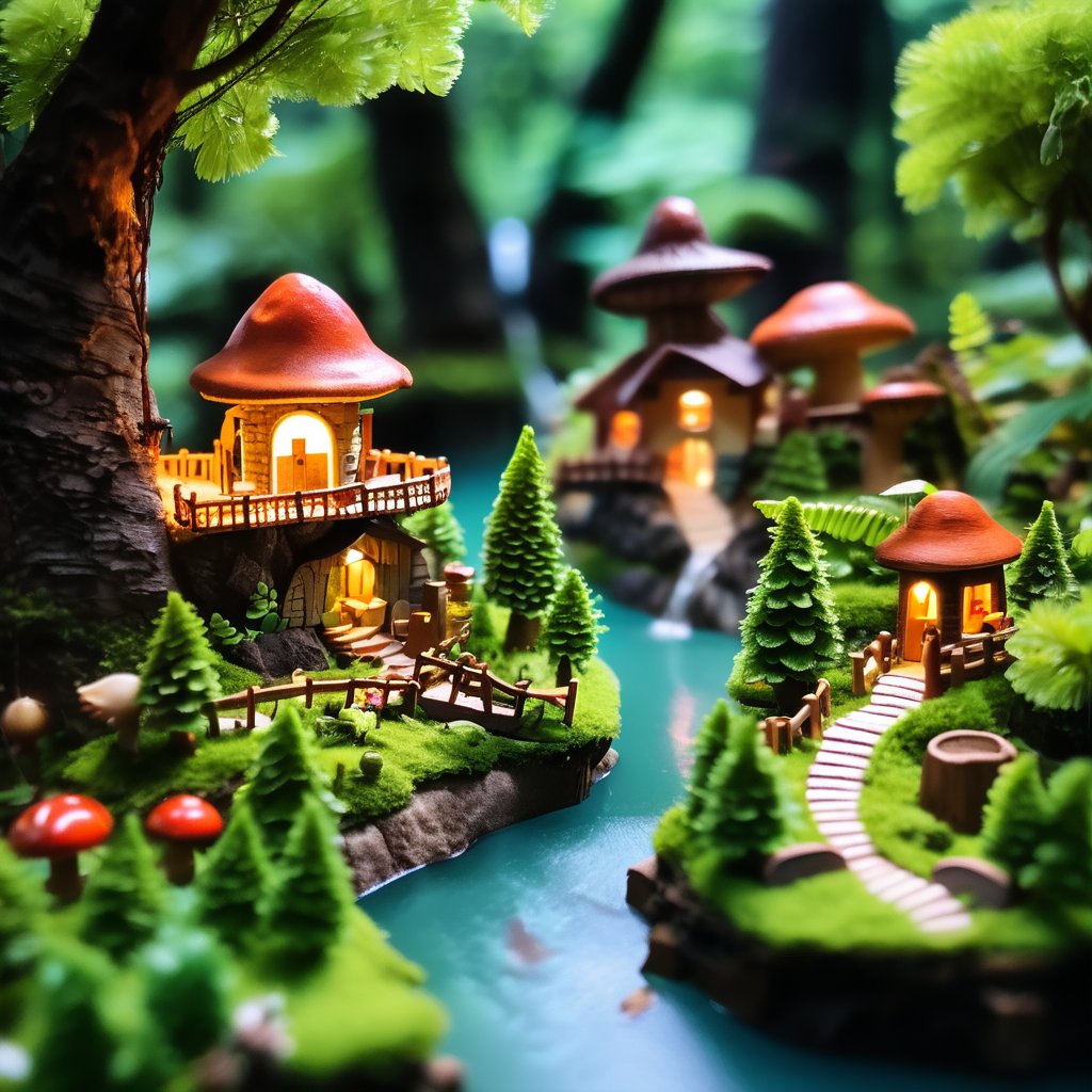 A miniature forest world, with tiny trees, a small river, and a hidden village made of mushroom houses. Lush, vibrant greens dominate the scene. Soft lighting filtering through the trees. Background with blurred depth, creating a sense of scale. Details include tiny animals, hand-carved textures, and natural materials.