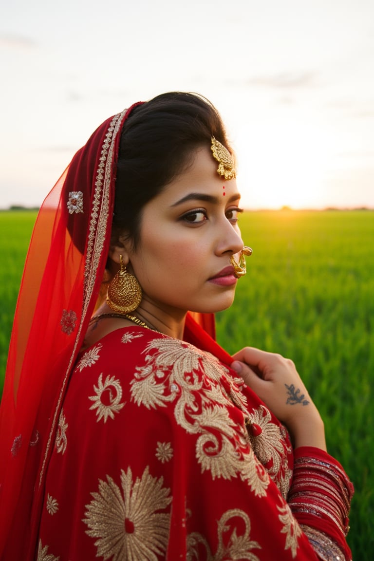 cinematic photo beautiful indian girl, ornate sari,
bright gold jewelery, large earrings, large ornate necklaces, nose ring, gold chains from nose to earring, henna tattoos
meadow, sunset in background
(full body view:2) . 35mm photograph, film, bokeh, professional, 4k, highly detailed