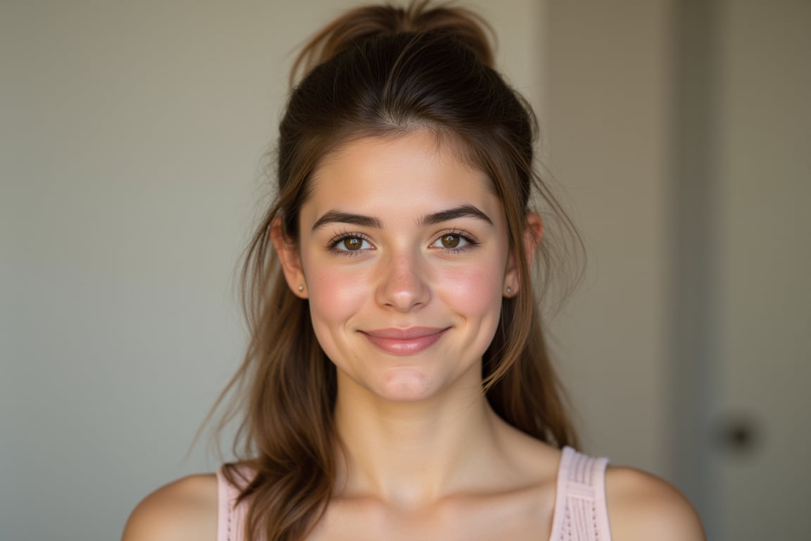  senior year school photo, front view, portrait photo of a 18 y.o girl, brown hair, half updo, beautiful face, cinematic shot