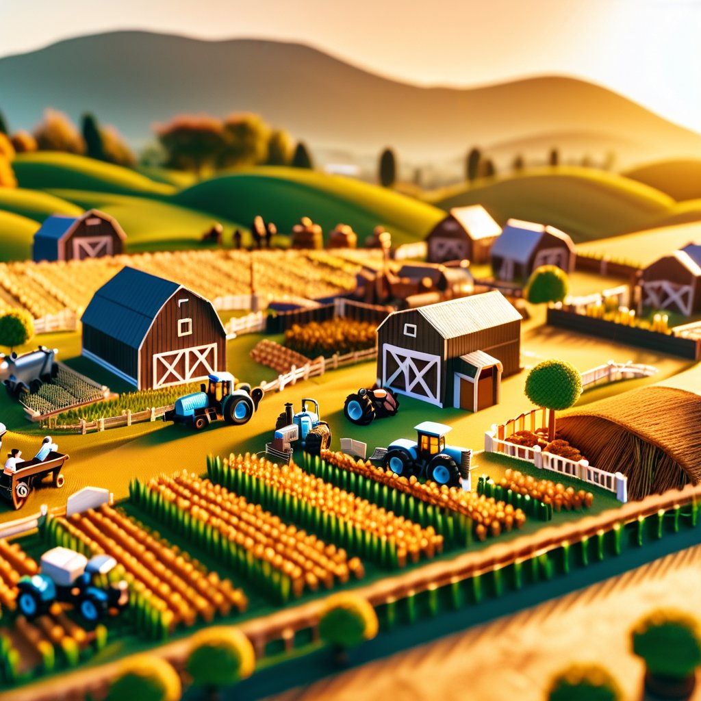 A bustling miniature farm world, with tiny barns, livestock, and crops in neat rows. Earthy, warm tones with golden sunlight. Background with rolling hills and a distant barn, creating a sense of depth. Details include tiny tractors, detailed fences, and textured crop fields.