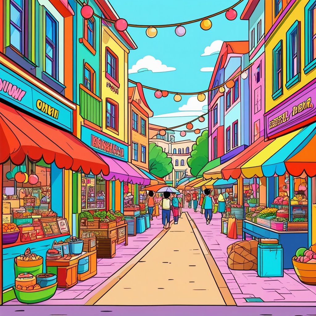 A whimsical illustration of a bustling market street, cartoonish characters, and lively activities. Background with vibrant stalls and hanging decorations. Bright colors, playful lines, hand-drawn aesthetics, vector brushwork, detailed environment, joyful atmosphere.