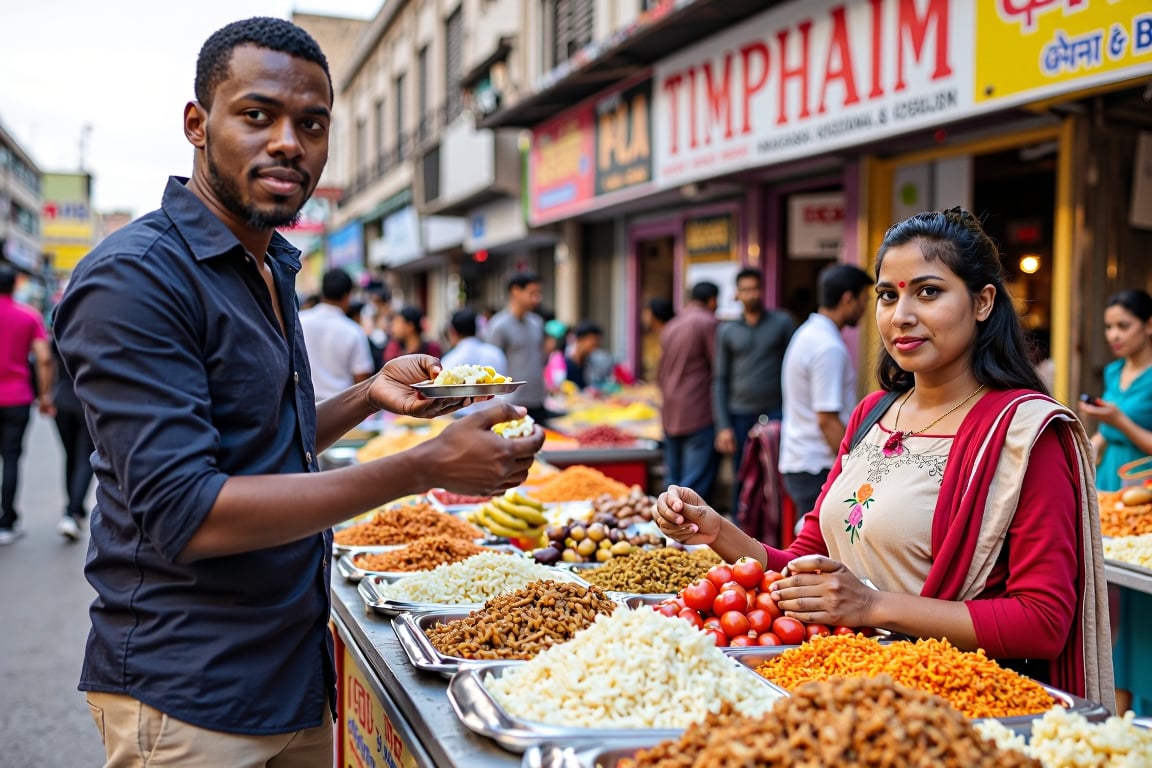 photo of a bustling street food vendor in an urban Indian market during late afternoon. In the foreground, a man of South Asian descent stands to the left of the frame, holding a small plate of food in his right hand, while his left hand is poised above a container, likely adding a topping. He has a medium build, dark brown skin, and short black hair, with a slight beard. He wears a dark blue button-up shirt and beige trousers, his expression focused yet inviting as he glances towards the camera. To his right, a woman, also of South Asian descent, with long, black hair tied back, and wearing a traditional red and cream-colored kurta, waits patiently with a pensive expression, her hands resting on the edge of the vendor's cart. The cart is piled high with various food items, including piles of sev, tomatoes, and onions, all meticulously arranged in shiny metal containers. In the background, the market is alive with activity, with numerous people visible, either shopping or passing by, and colorful signs and advertisements in Hindi and English lining the shops. The entire scene is brightly lit by natural light, enhancing the vibrant colors of the market, and creating a lively, detailed atmosphere. Every element, from the textures of the food to the bustling background, is rendered with equal clarity, making the image richly detailed and immersive
