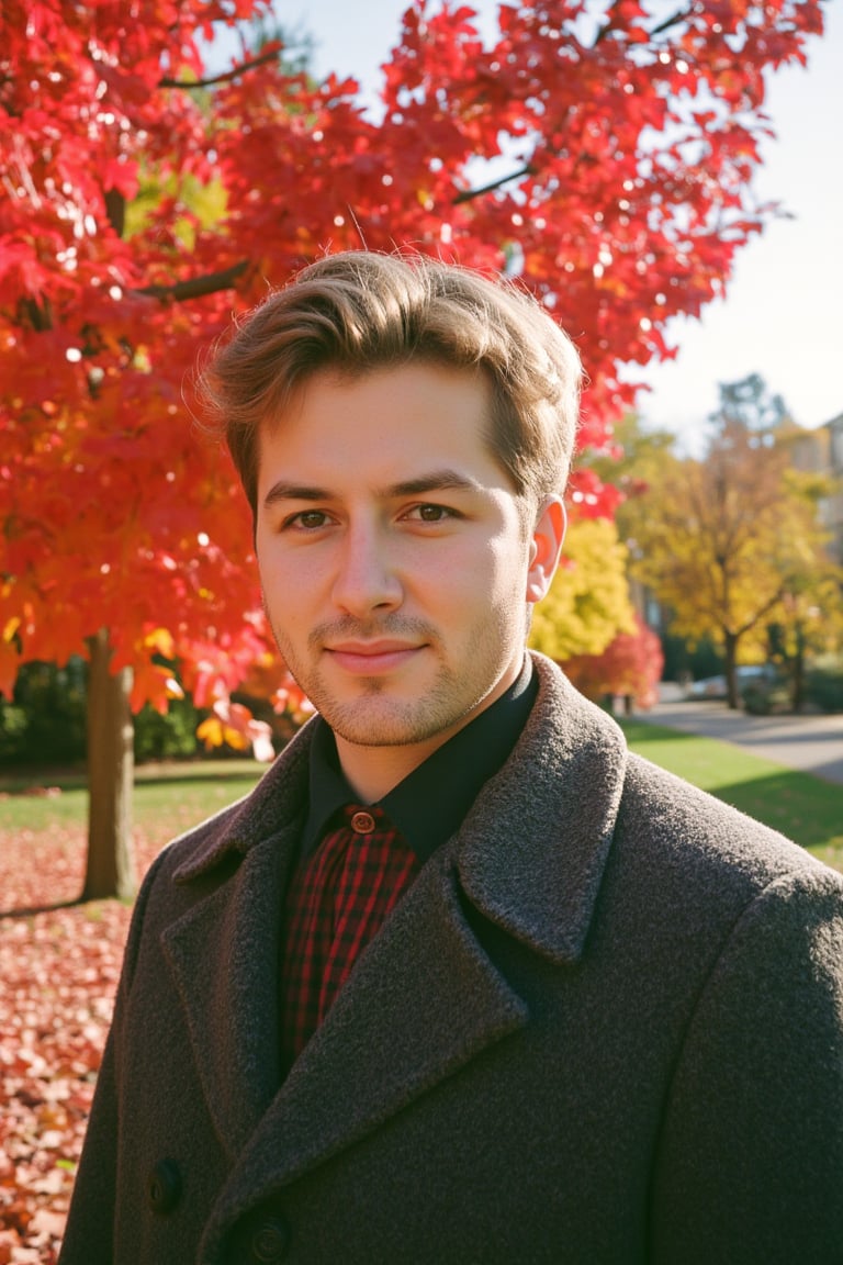 A close-up film photograph of a man in a wool coat, standing under a tree in autumn, the leaves a brilliant mix of red and orange, warm sunlight casting highlights on his face, soft focus background, natural and intimate feel. Vintage film look, hd quality