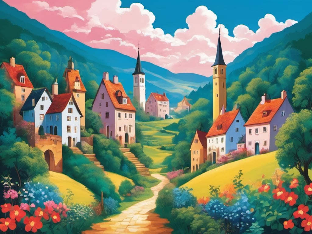 At the end of the valley is a village with towering towers and clouds in the sky, 
