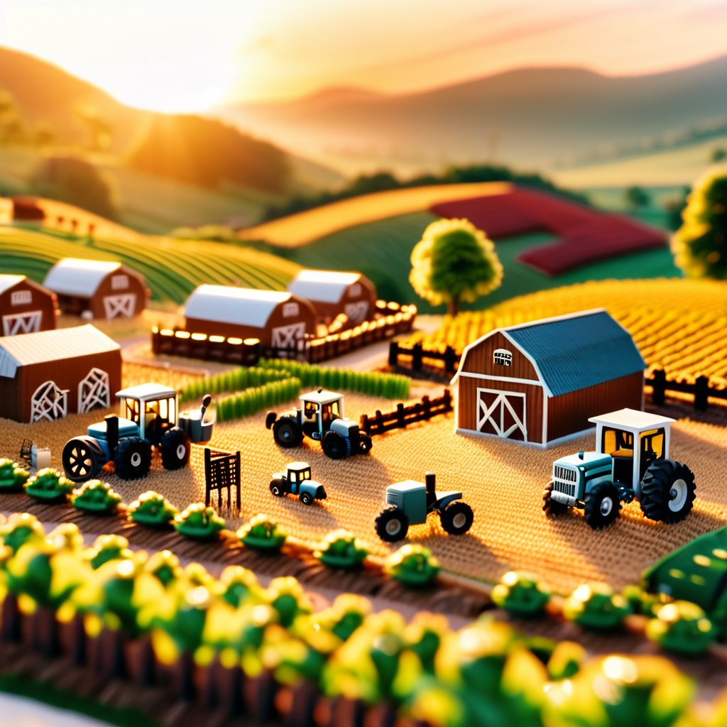 A bustling miniature farm world, with tiny barns, livestock, and crops in neat rows. Earthy, warm tones with golden sunlight. Background with rolling hills and a distant barn, creating a sense of depth. Details include tiny tractors, detailed fences, and textured crop fields.